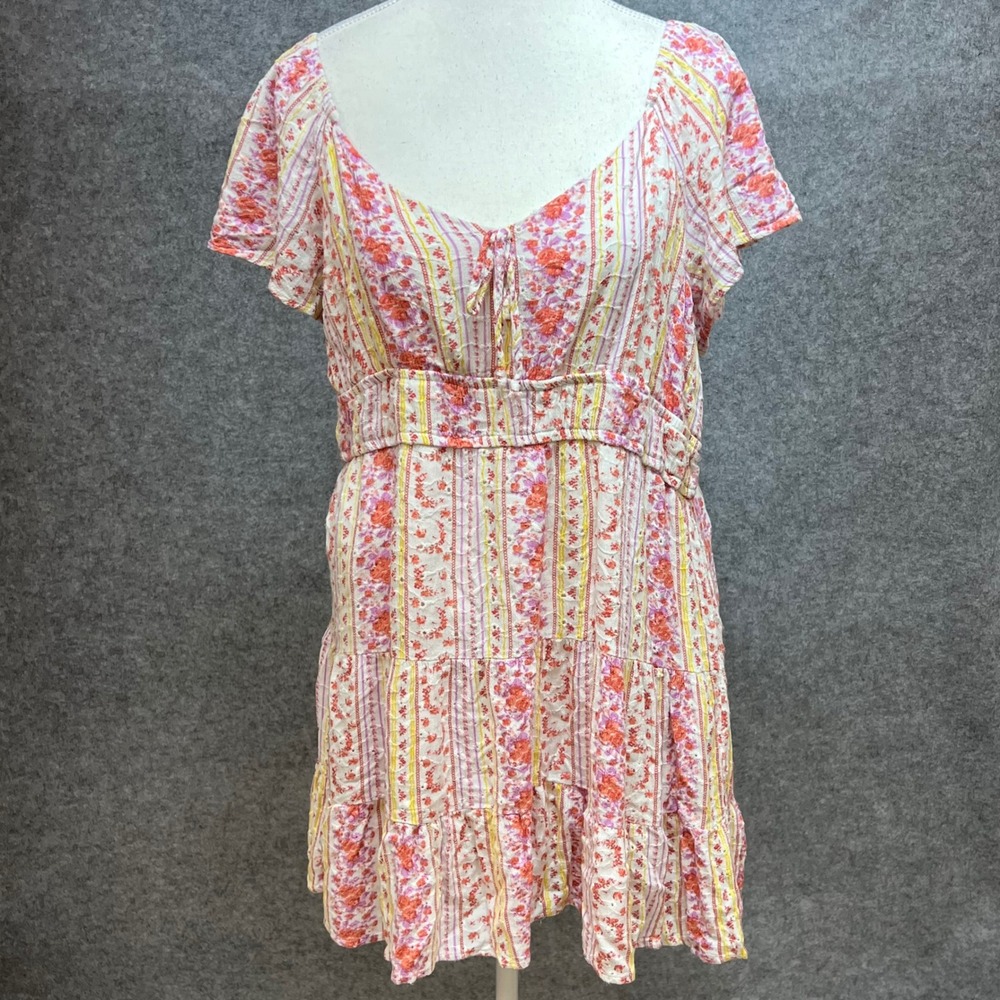 Rewind Floral Stripe Prairie Boho Tiered Mini Dress Short Sleeve Summer Beach XL
